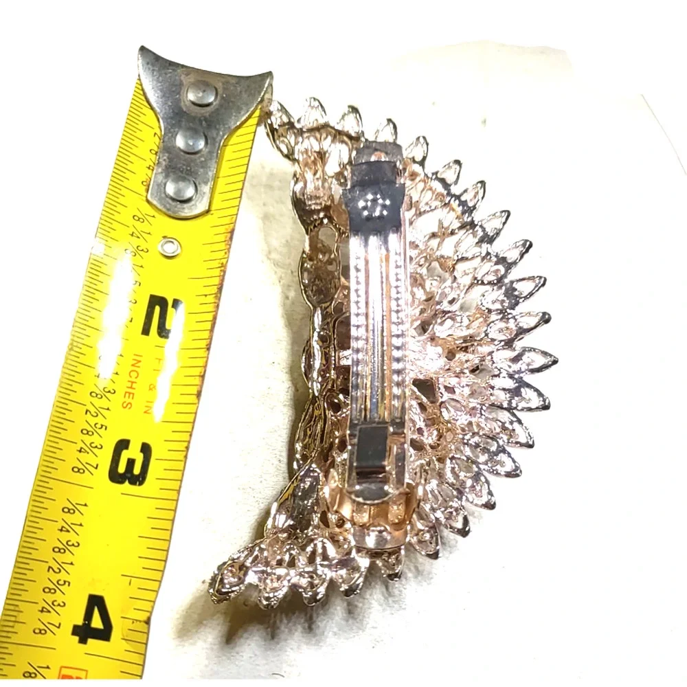 Large Peacock Hair Barrette Tension Clip Gold Tone Blue Rhinestone Flaw